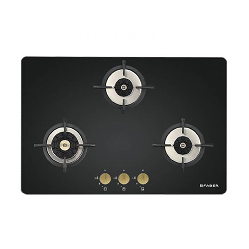 Faber Hob/Hobtop 3 Brass Burner Auto Electric Ignition Glass Top (Maxus HT783 CRS BR CI AI) Black